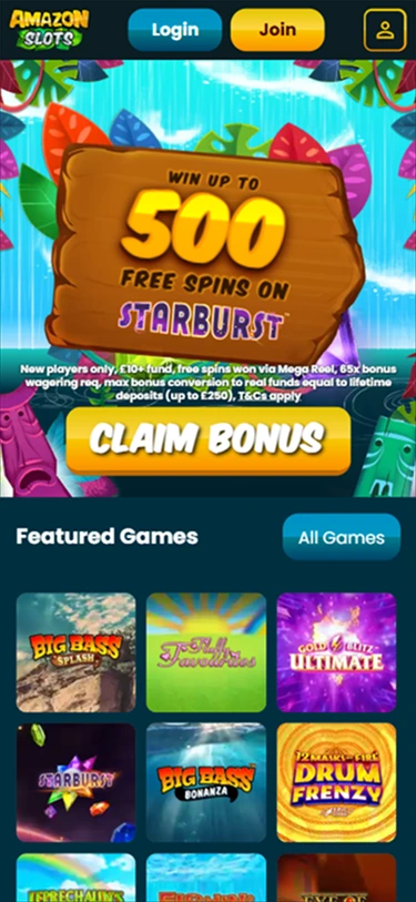 Amazon Slots homepage banner with 500 free spins bonus and featured games