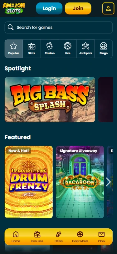 Amazon Slots mobile lobby with Spotlight and Featured slot games