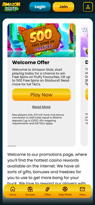 Amazon Slots mobile promotions screen with welcome offer and Play Now button